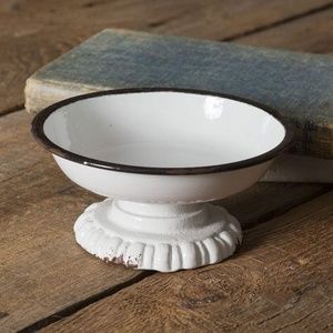 New White Enamel Metal Vintage Style Pedestal Dish